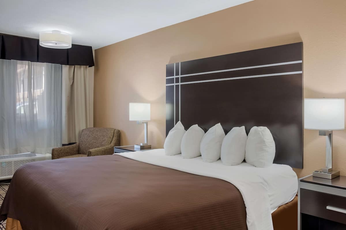 Une chambre d’hôtel avec un grand lit, une chaise, deux tables de chevet avec des lampes, une grande fenêtre avec des rideaux et une tête de lit fixée au mur.