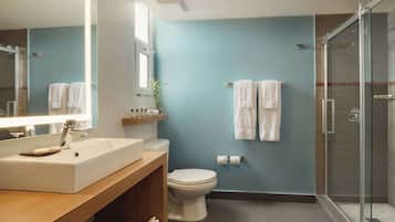 Une salle de bain moderne avec un grand miroir, un lavabo, des toilettes et une douche à parois de verre.