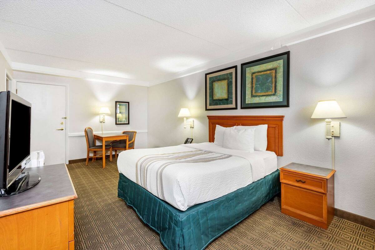 Habitación de hotel con cama, escritorio, silla, televisor y dos lámparas fijadas a la pared.