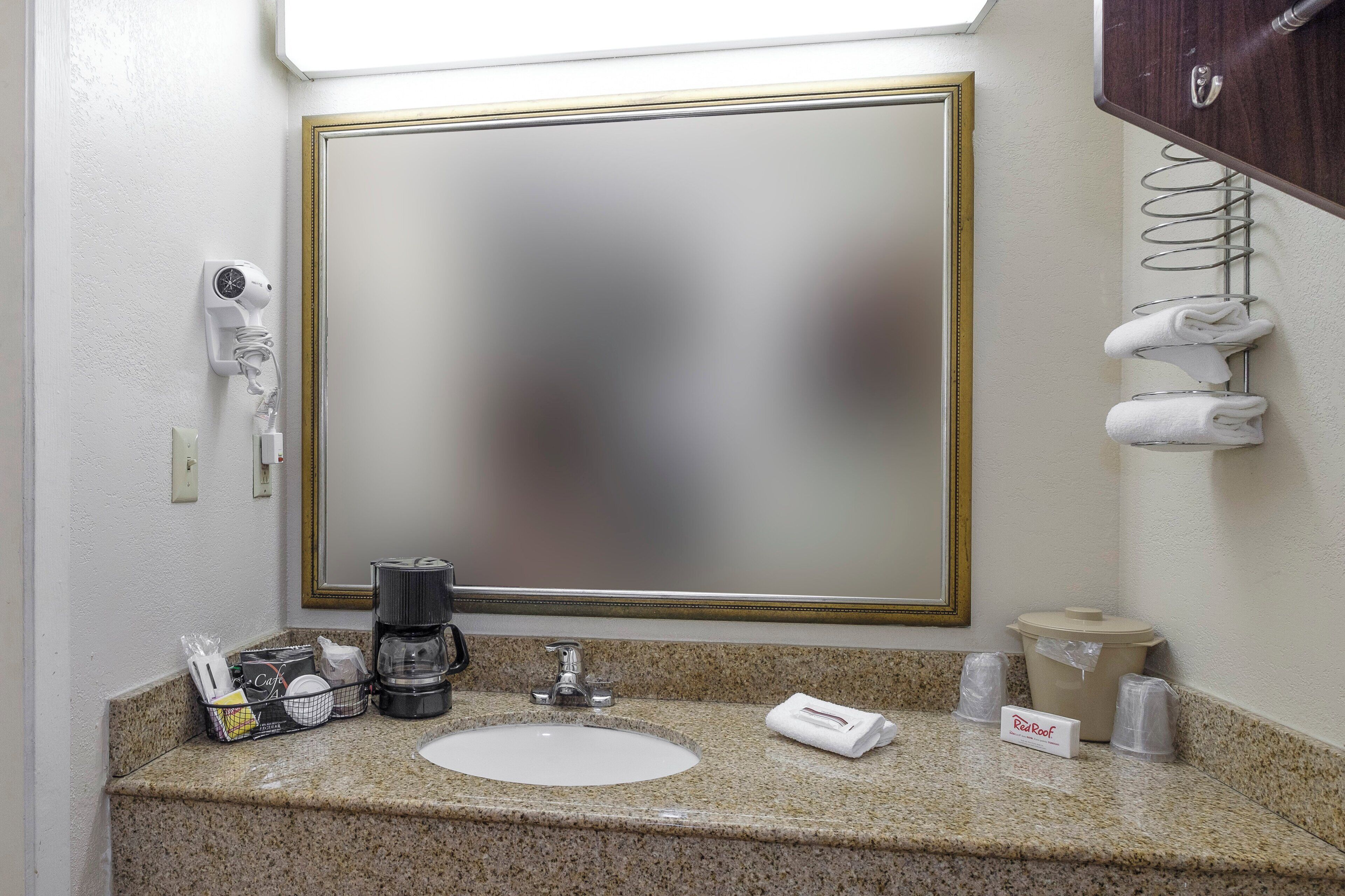 A bathroom with a large mirror, a sink, a hairdryer, a coffee maker, and a towel rack.