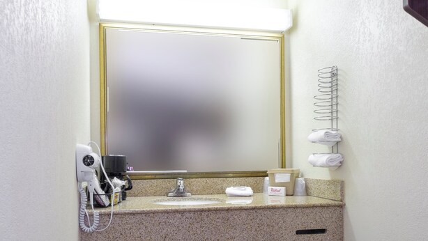 A hotel bathroom with a sink, a mirror, a hairdryer, and a towel rack. - Red Roof Inn Edgewood (Edgewood)