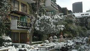Un hotel con jardín tradicional que incluye un estanque, plantas cubiertas de nieve y un puente de piedra.
