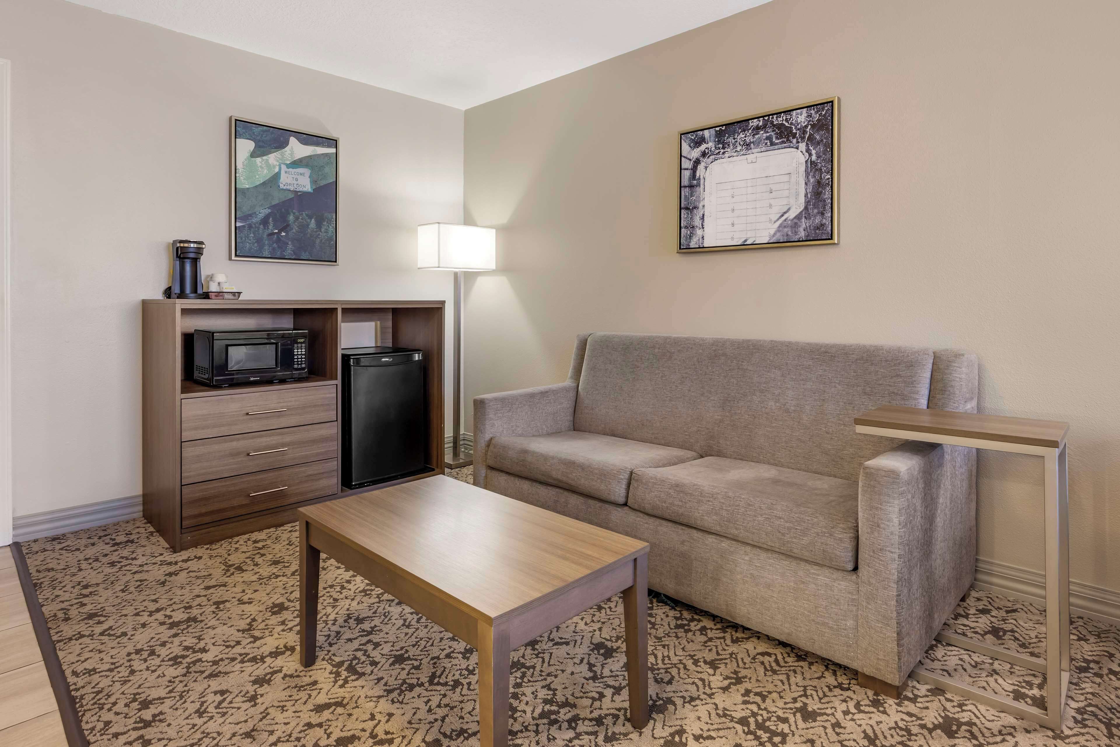 Ein gemütlicher Wohnbereich mit einer Couch, einem Couchtisch, einer Mikrowelle, einem Kühlschrank und einer Lampe.