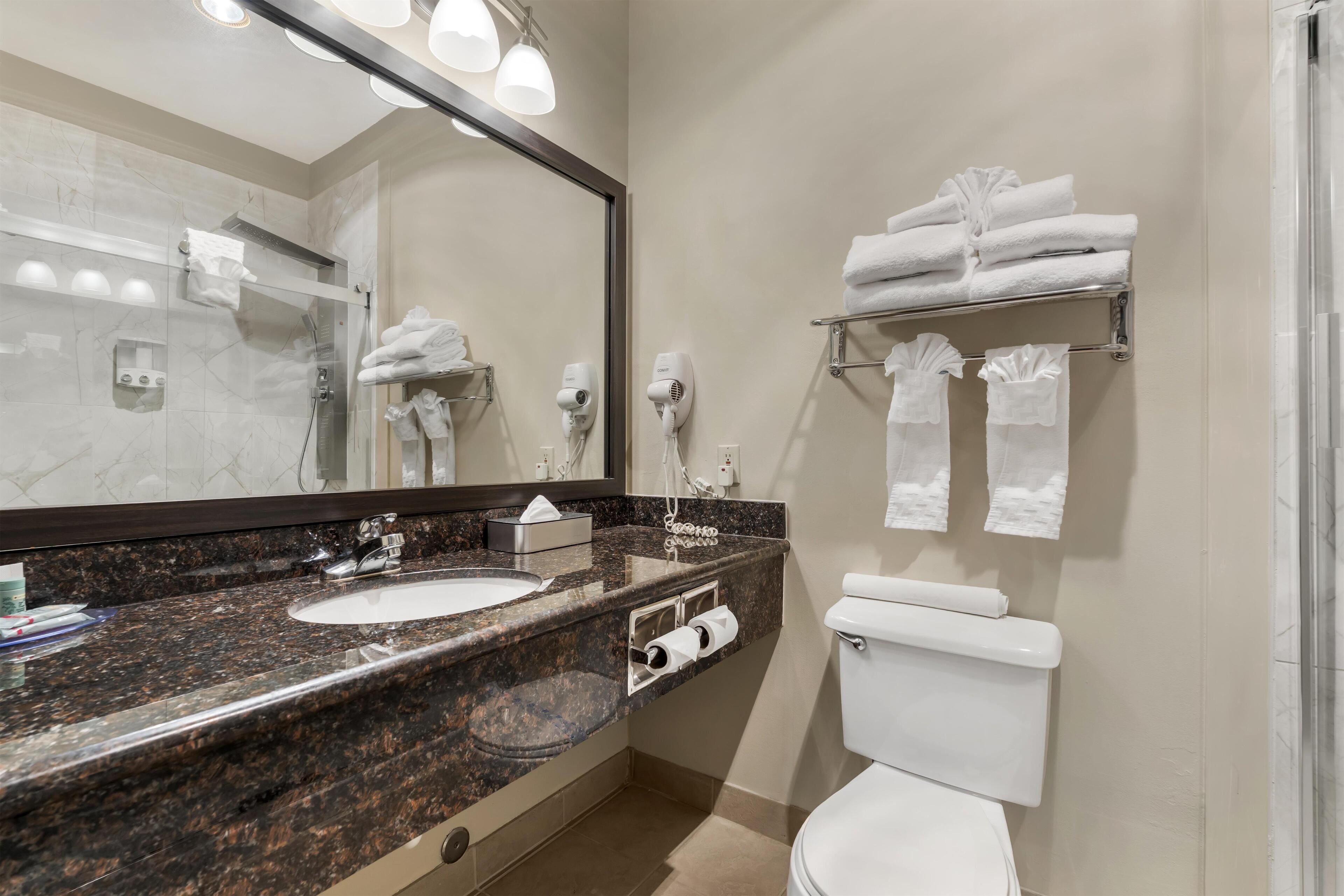 A modern bathroom with a granite countertop, two sinks, a toilet, a large mirror, and towel racks.