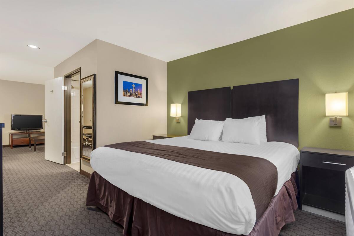 A hotel room with a large bed, a desk with a TV, a mirror, and a picture on the wall.