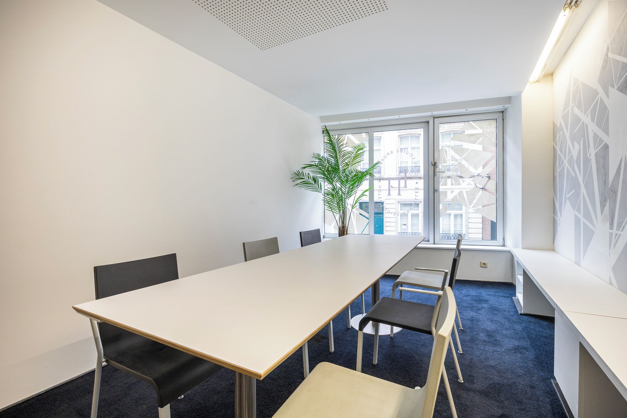 A conference room with a long table, chairs, a potted plant, and large windows with a view of buildings.