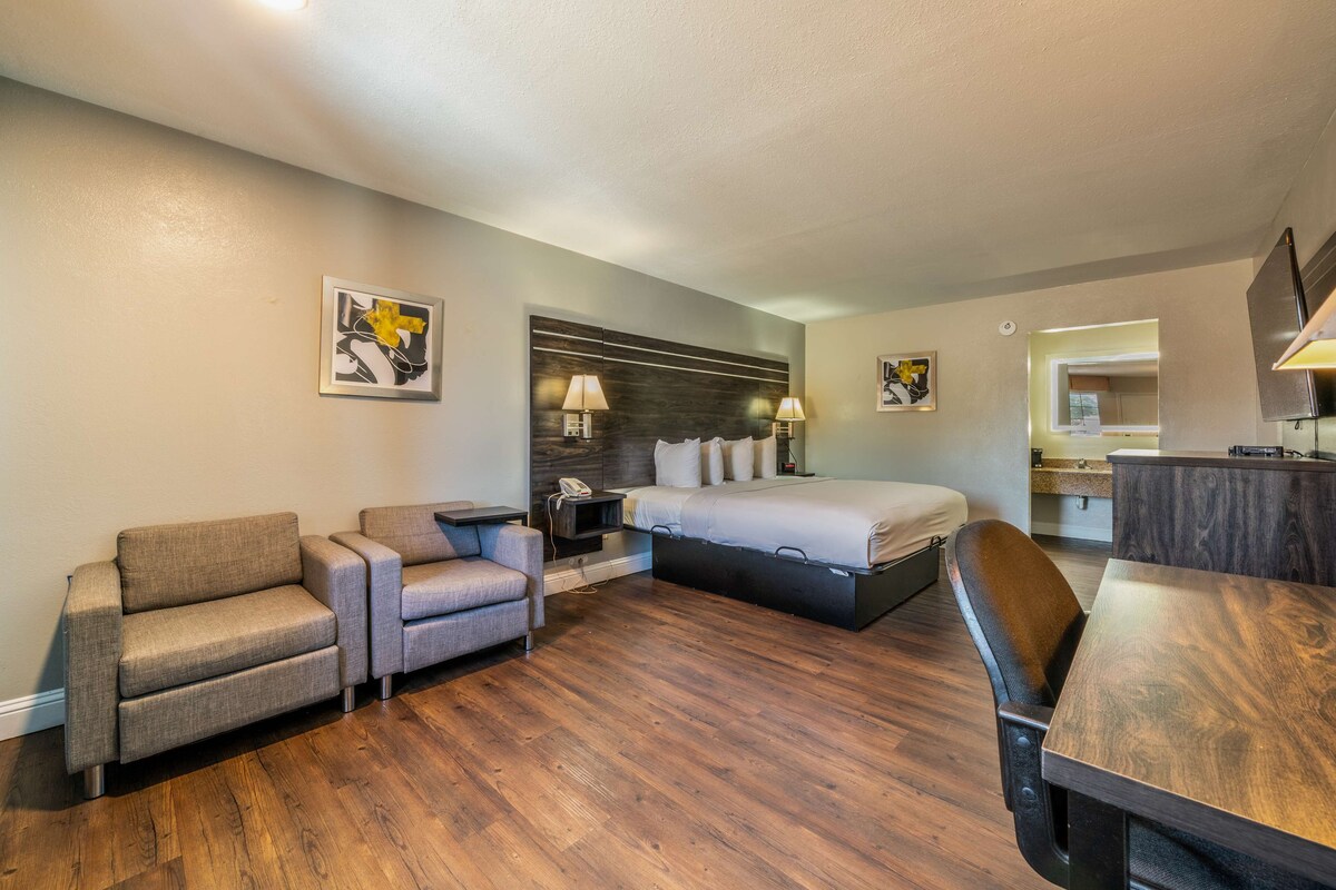 Una habitación de hotel con una cama, dos sofás, un escritorio y una mesa de comedor.
