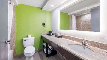 Bañera con ducha, artículos de tocador ecológicos, secador de pelo