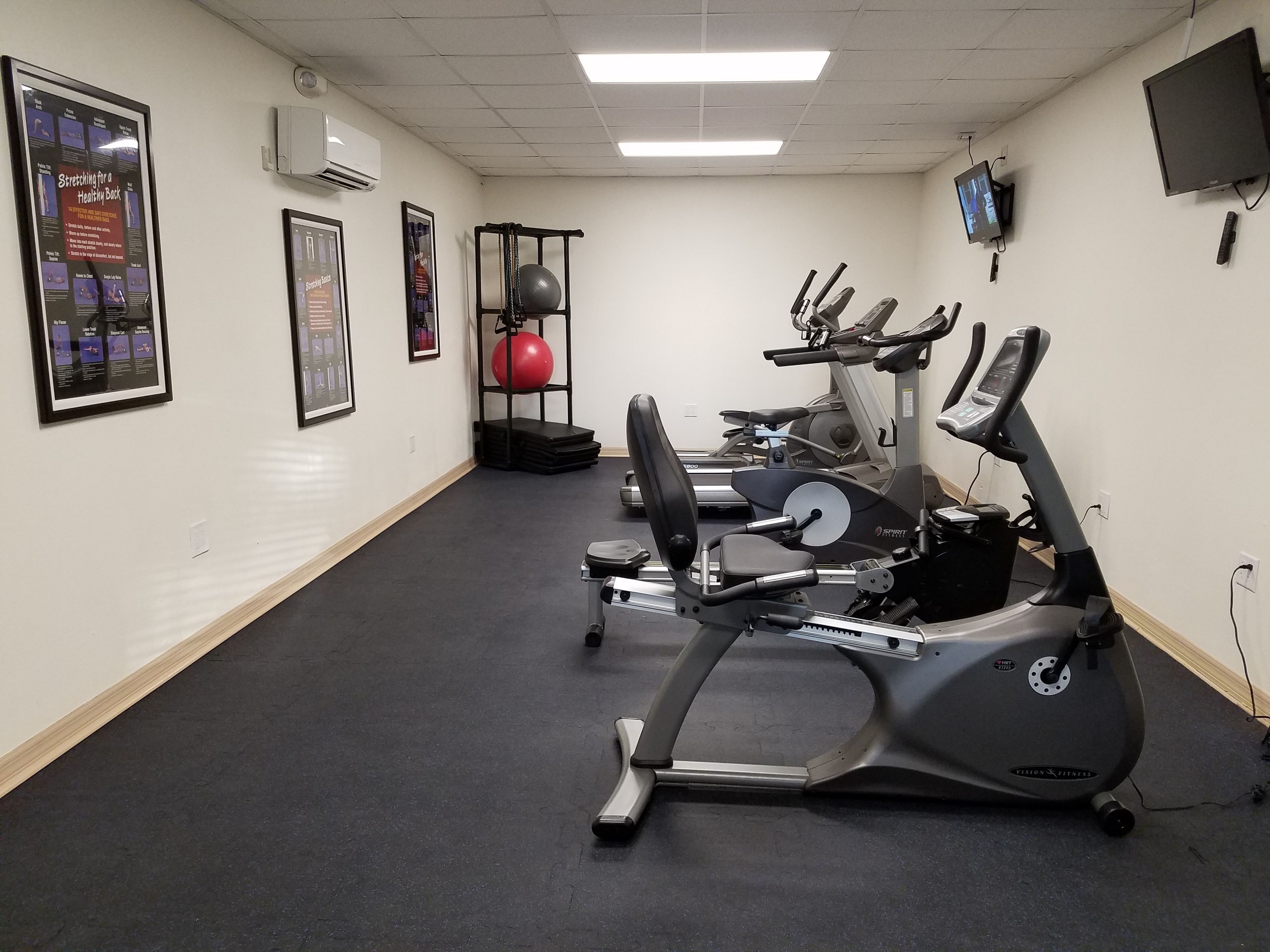 Ein Fitnessraum mit Laufbändern, einem Ergometer und einem roten Trainingsball.