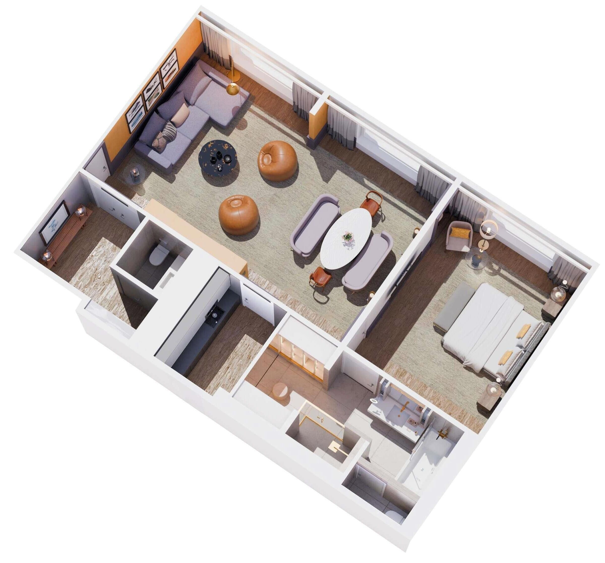 Plano de planta en 3D de una habitación de hotel con sala de estar, una mesa de comedor, zona de cocina, baño y dormitorio separado.