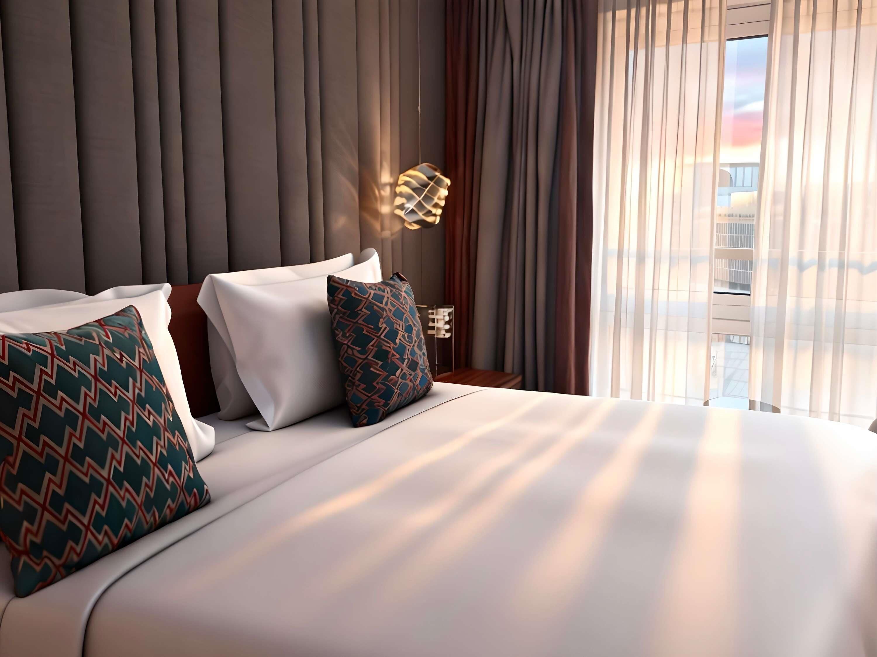 A hotel room with a large bed, two patterned pillows, a modern light fixture, and a view of the city through sheer curtains.