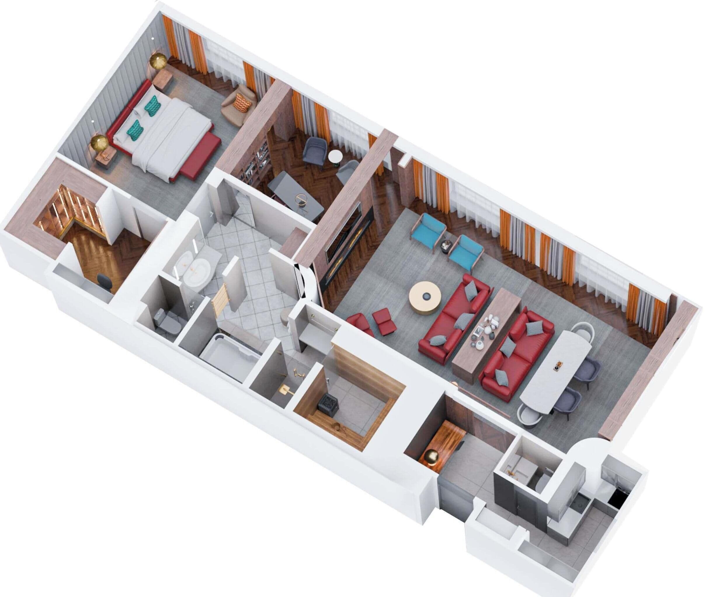 Un plan 3D d’une chambre d’hôtel comprenant un lit, un coin salon avec une table et des chaises, une petite cuisine et une salle de bain.