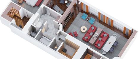 En 3D plantegning af et hotelværelse med en seng, et siddeområde med et bord og stole, et lille tekøkken og et badeværelse.