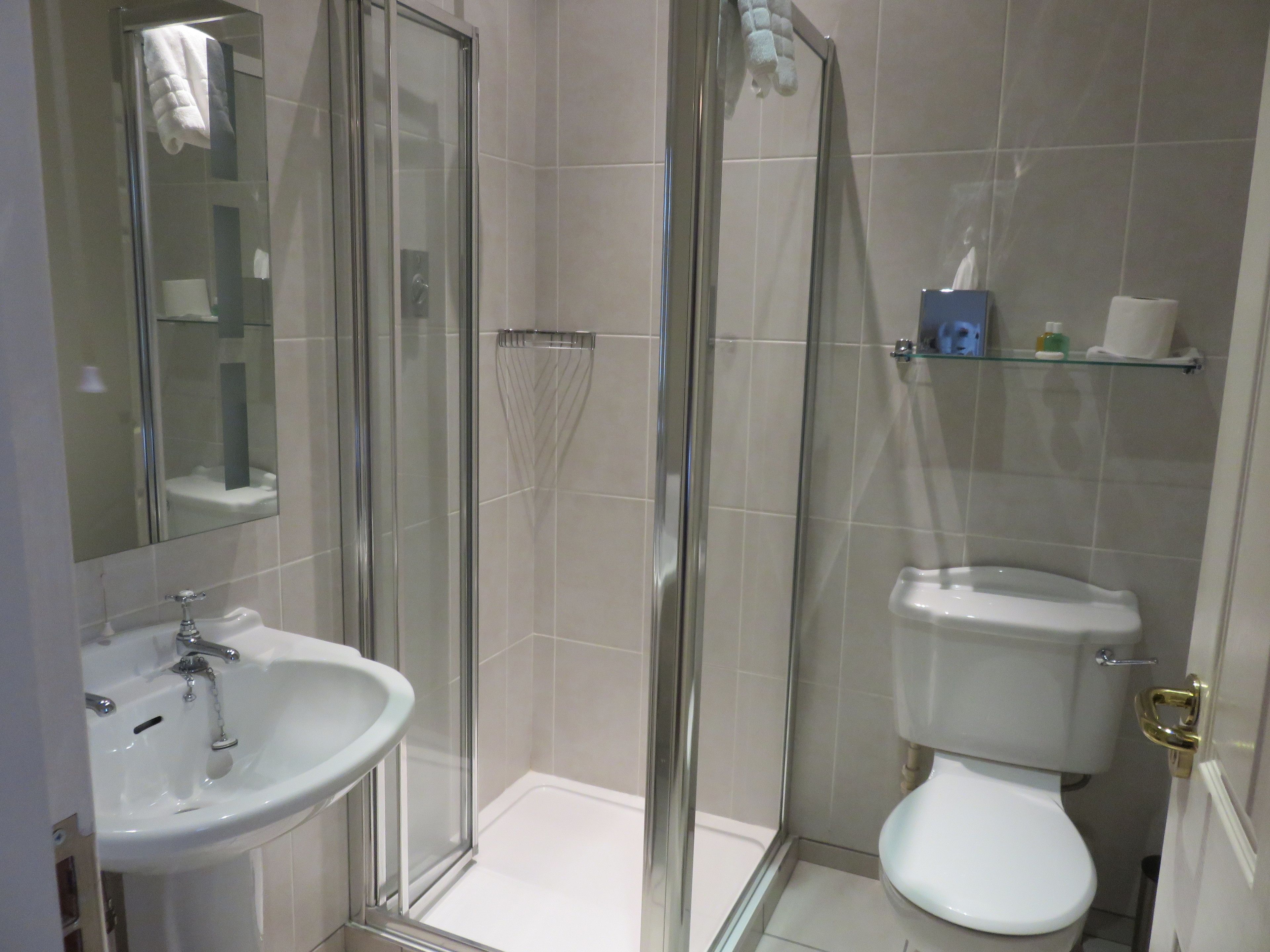 A modern bathroom with a glass-enclosed shower, a white sink, and a toilet.
