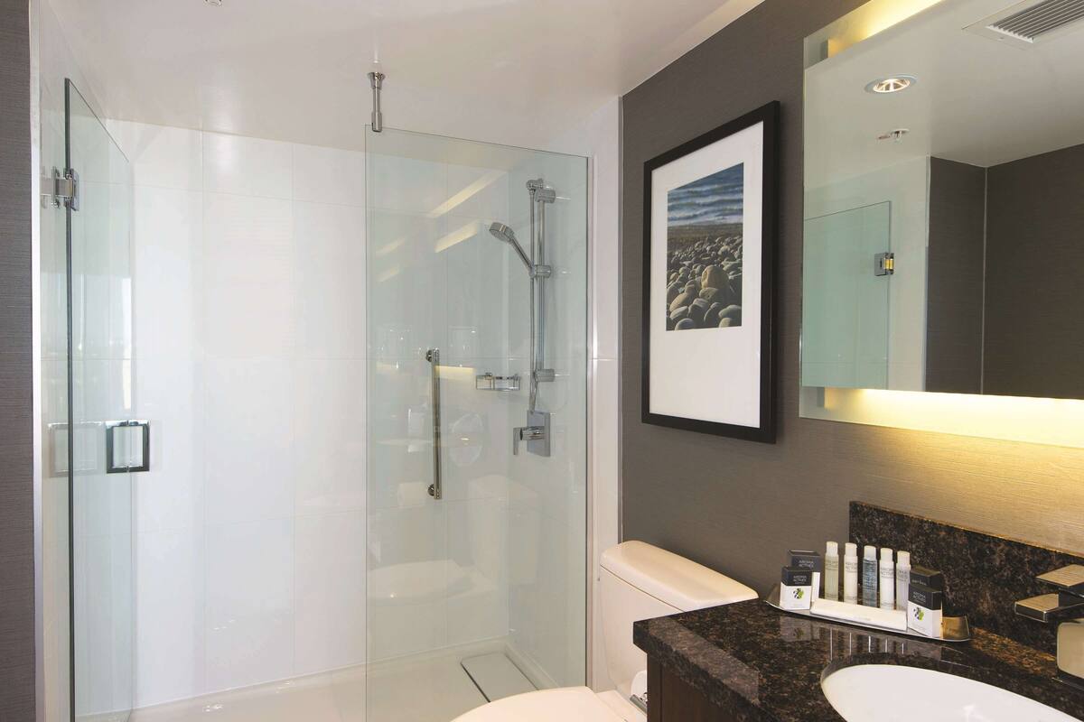 Un baño moderno con ducha de vidrio, inodoro blanco y encimera de granito con artículos de aseo.
