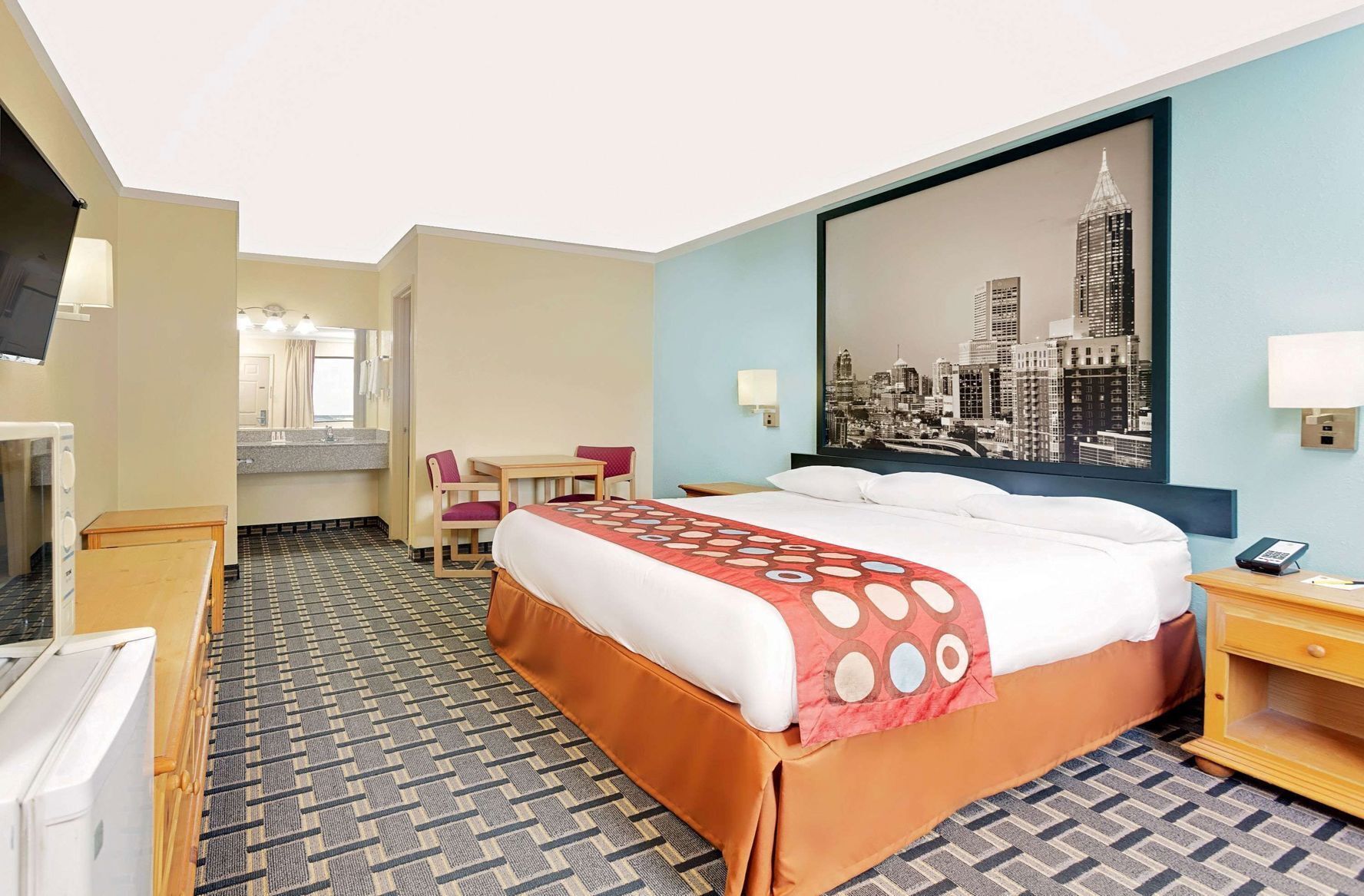 Desk, laptop workspace, blackout curtains, iron/ironing board