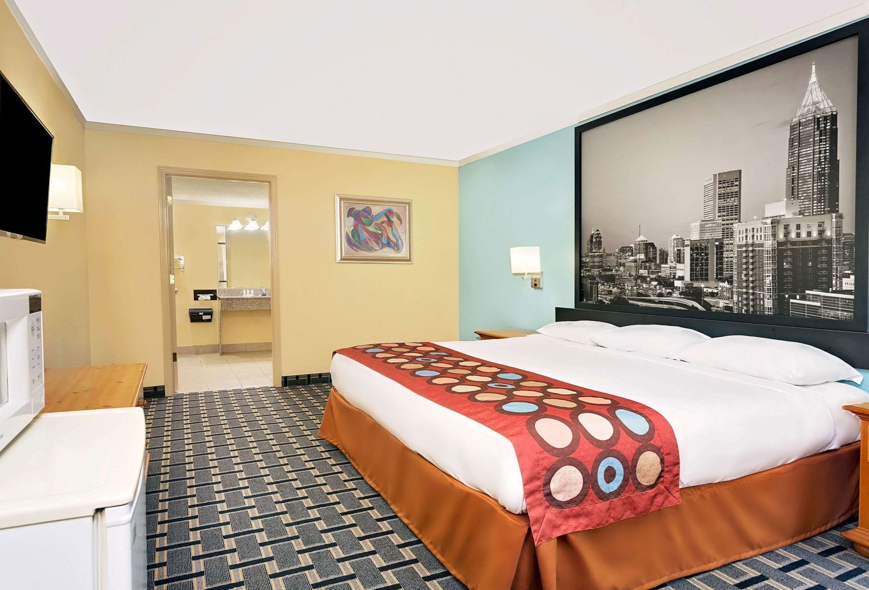 Desk, laptop workspace, blackout curtains, iron/ironing board