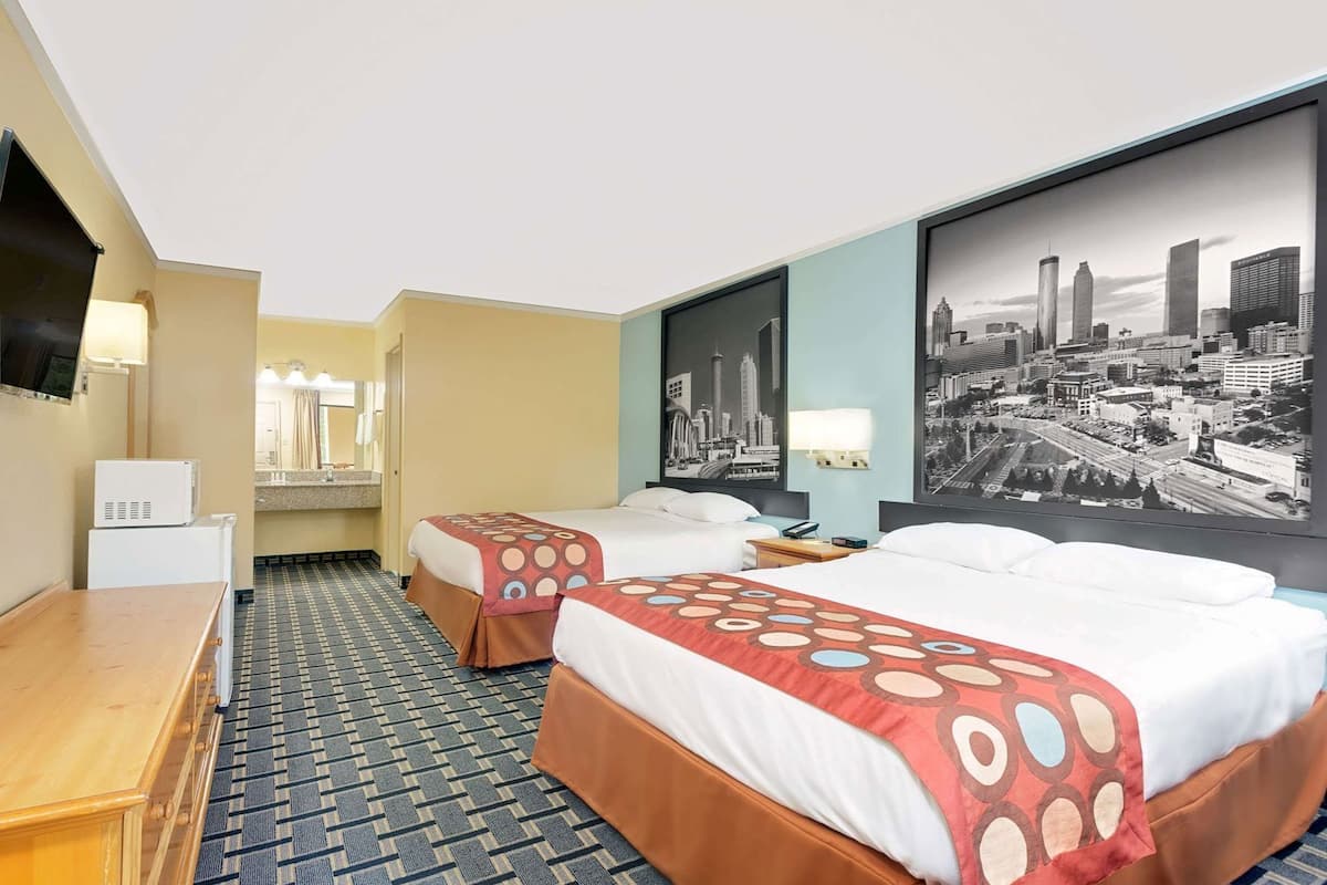 Desk, laptop workspace, blackout curtains, iron/ironing board