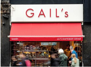 A storefront with a red awning labeled "BAKERY" and the address "65-73 SHAFTESBURY AVENUE". - Montcalm Piccadilly Townhouse, London West End (London)