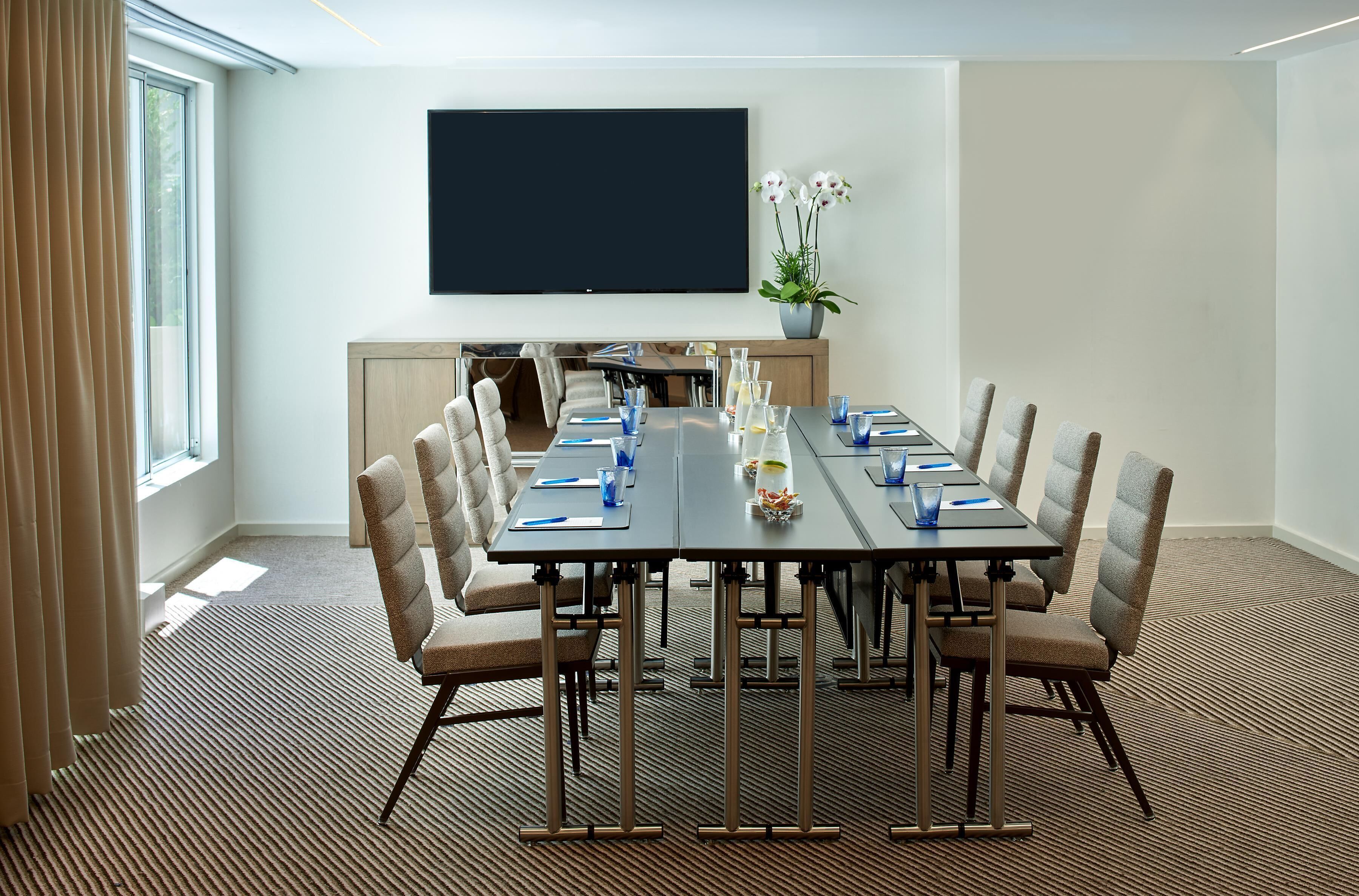 A conference room with a long table, chairs, a flat-screen TV, and a potted plant.