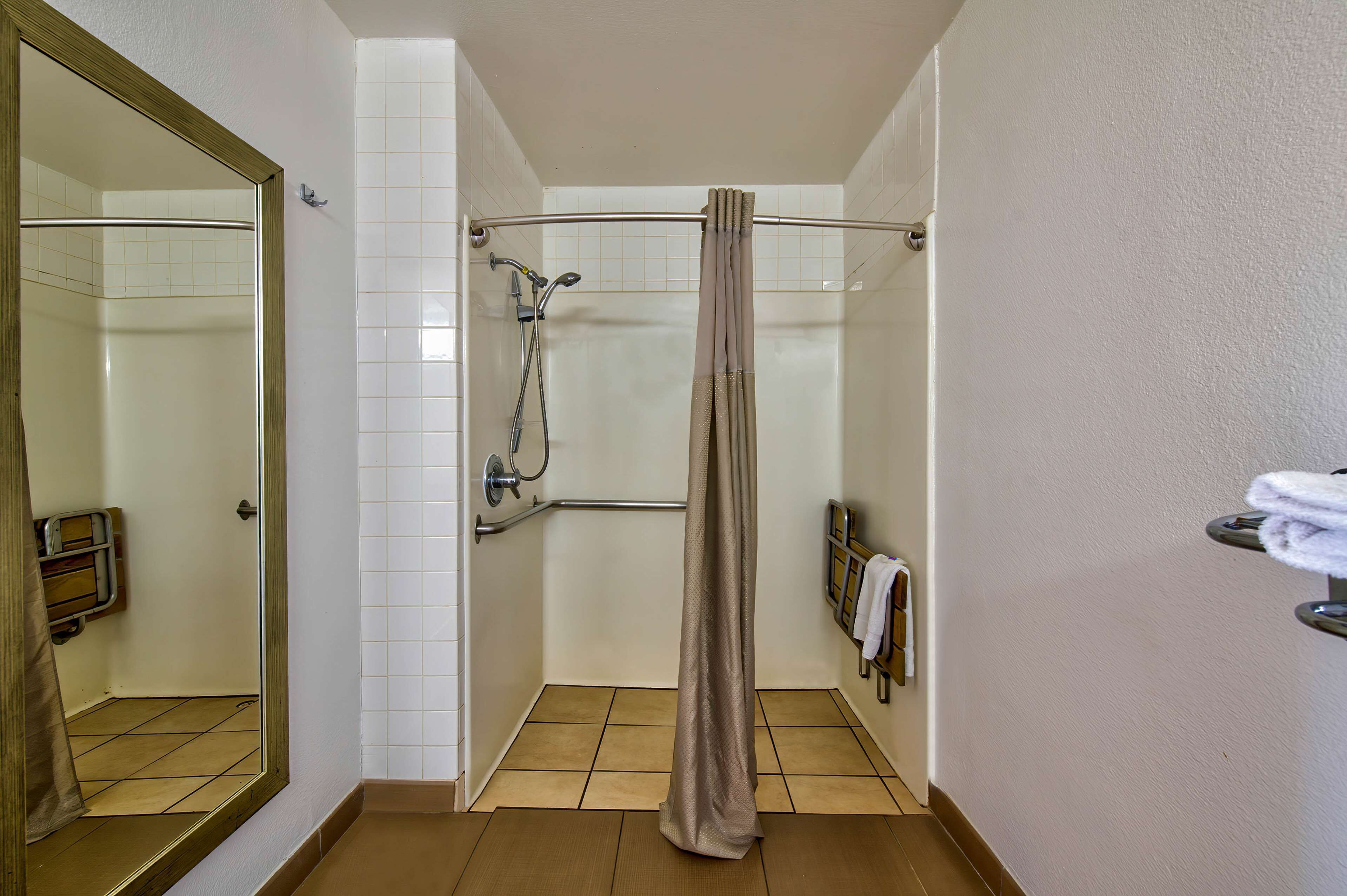 A bathroom with a shower, a mirror, and a towel rack.