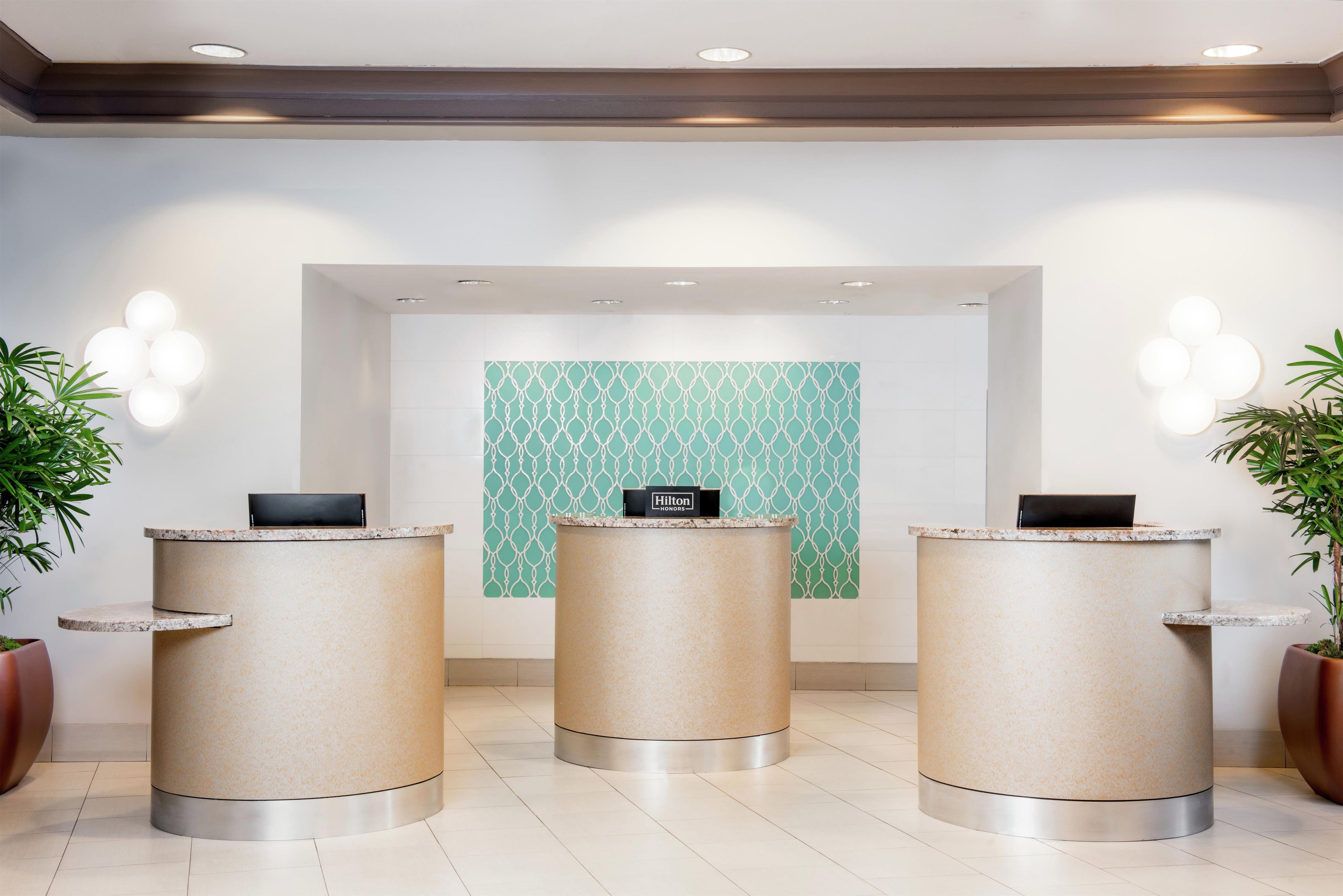 A reception area with three cylindrical counters, a patterned wall, and potted plants.