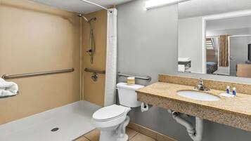 A bathroom with a shower, toilet, sink, and handrails.