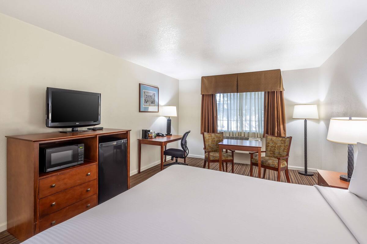 A hotel room with a large bed, a desk with a chair, a television, a microwave, and a refrigerator.