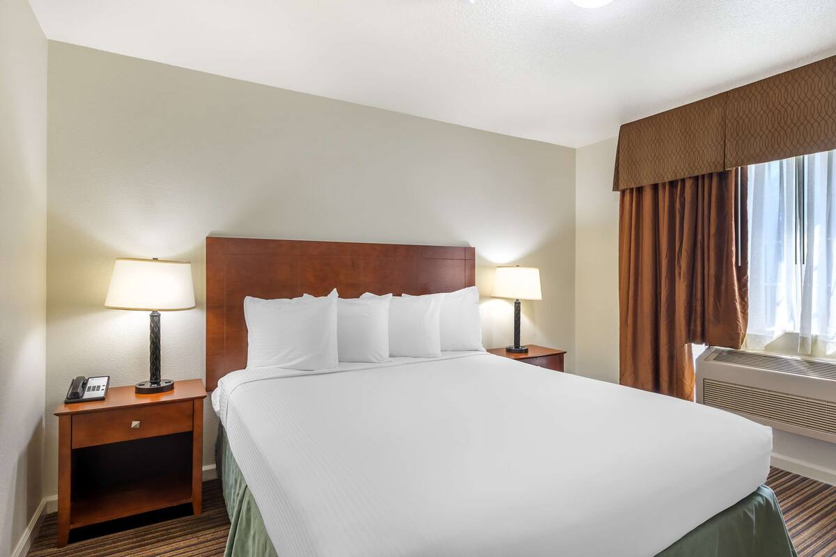 A hotel room with a large bed, two bedside tables with lamps, a telephone, and a window with curtains.