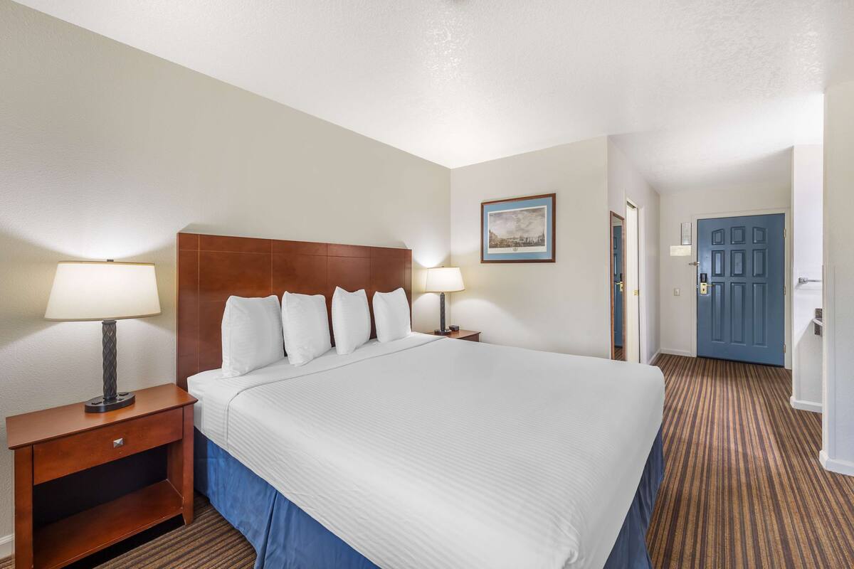 A hotel room with a large bed, two bedside tables with lamps, a wooden headboard, a framed picture on the wall, and a blue door.