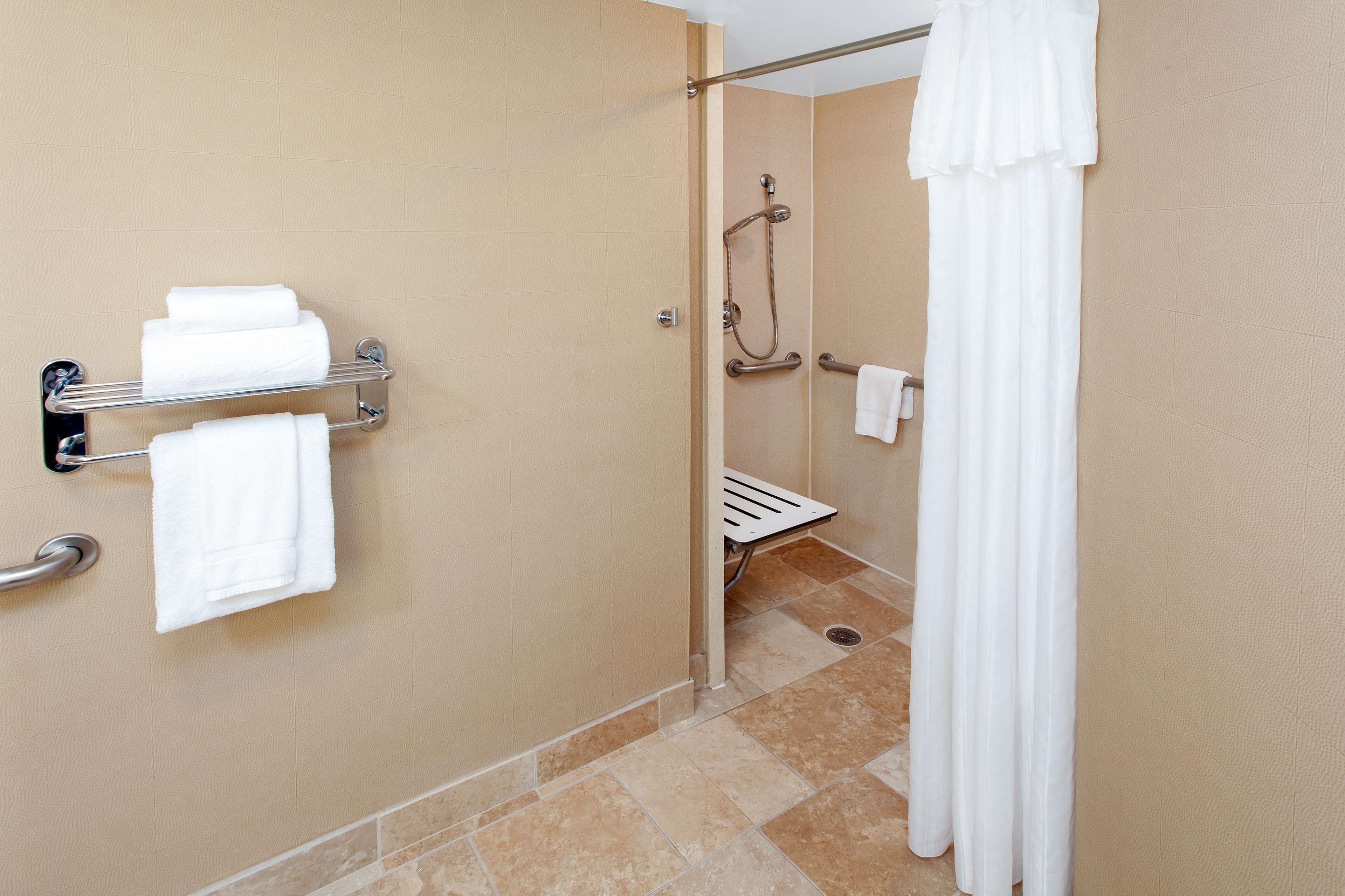 combined shower/bathtub, free toiletries, hair dryer, towels