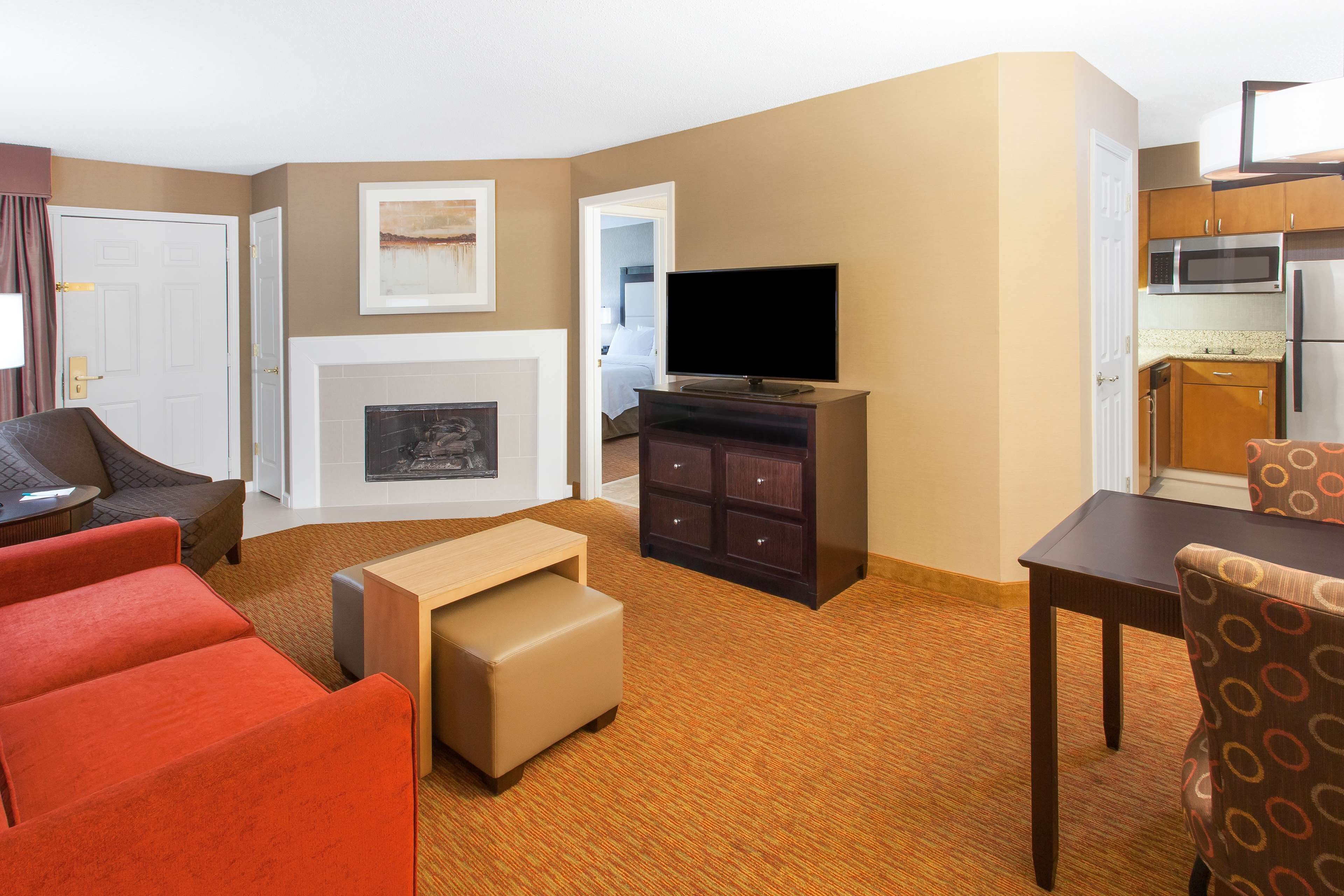 suite, 1 king bed, non smoking, fireplace | living area | 40-inch flat-screen tv with satellite channels, tv