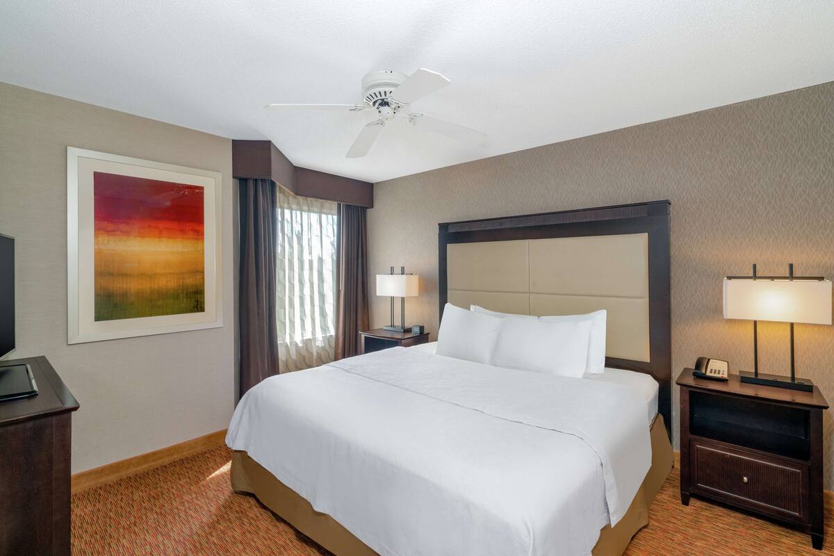 Une chambre d’hôtel avec un grand lit, un ventilateur de plafond, deux tables de chevet avec des lampes, un téléviseur sur le côté gauche et une œuvre d’art encadrée au mur.