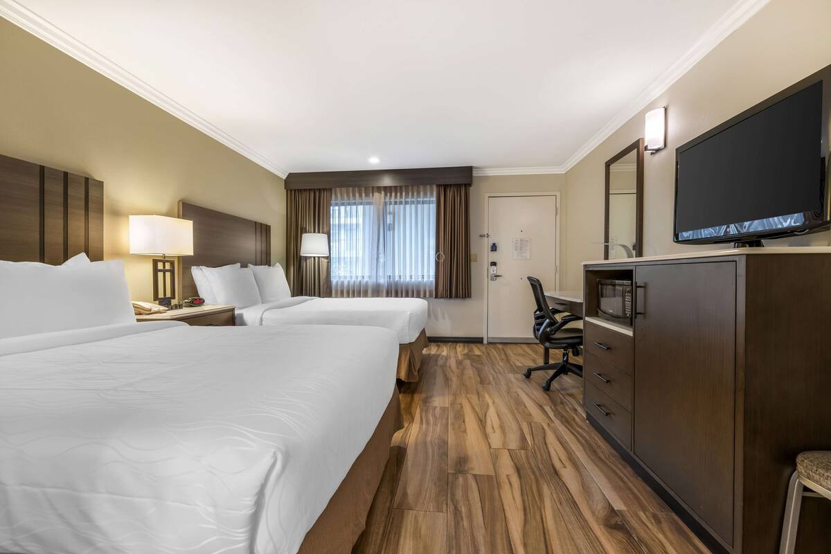 A hotel room with two beds, a desk with a lamp, a TV, a microwave, and a wardrobe.