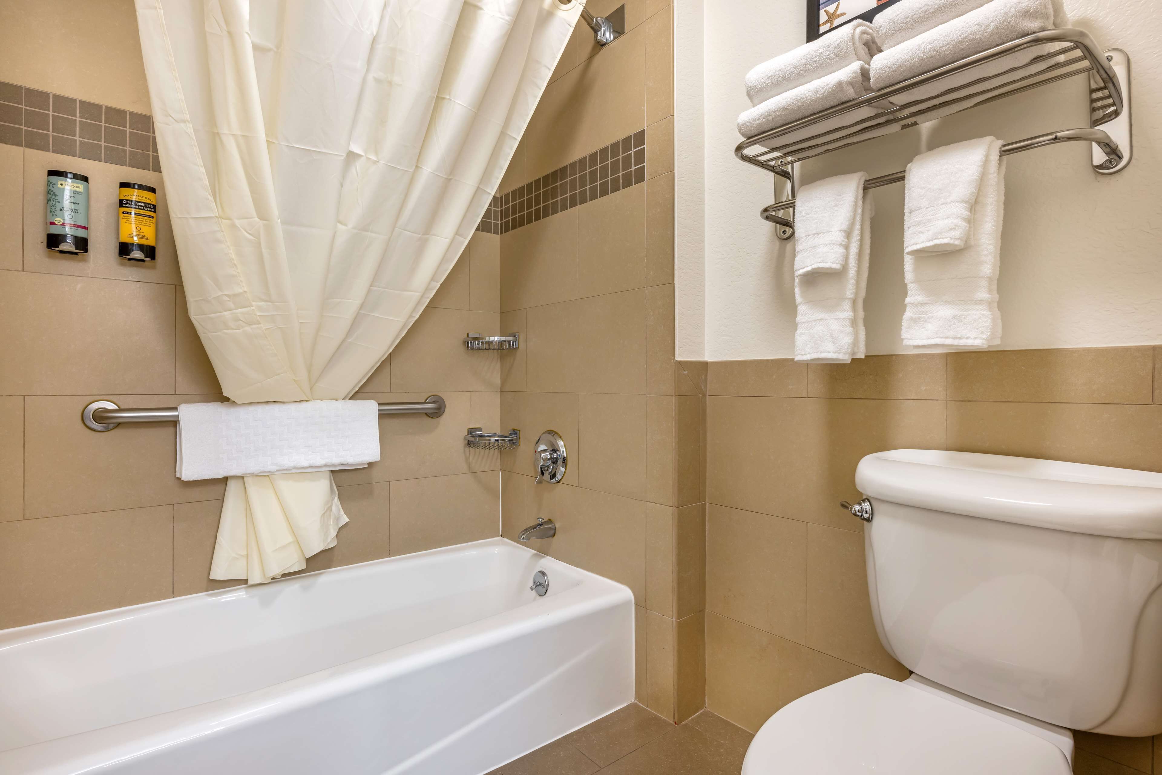 combined shower/bathtub, eco-friendly toiletries, hair dryer, towels