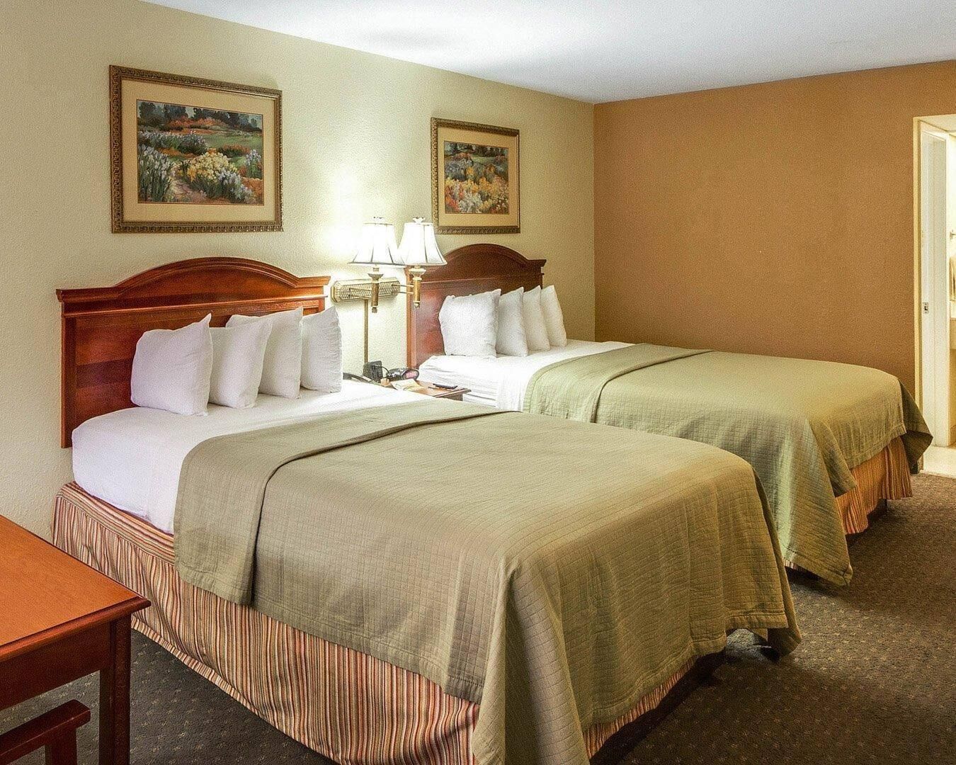 A hotel room with two beds, a nightstand, a lamp, and two framed paintings on the wall.
