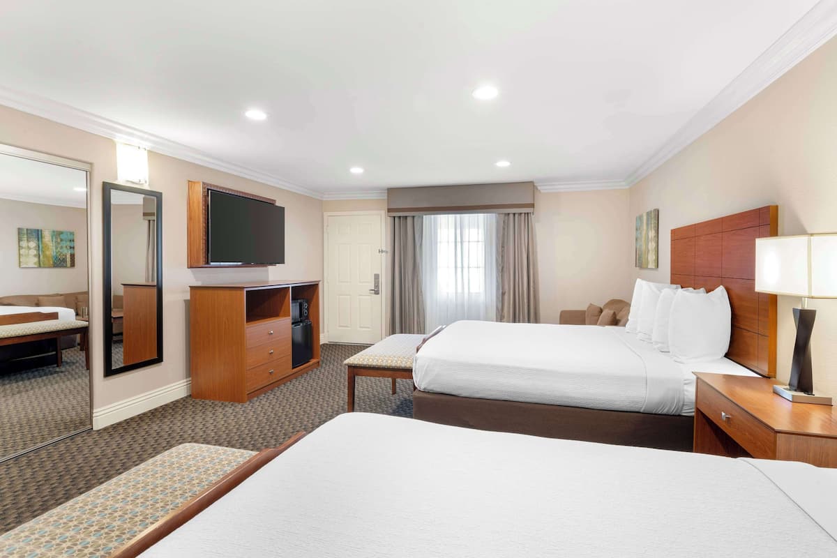 A hotel room with two beds, a television, a desk, a chair, and a mirror.