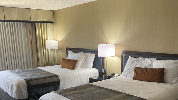 A hotel room with two beds, each with a pillow and a bedside lamp.