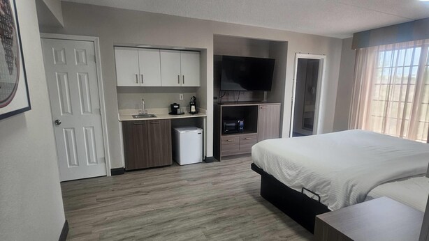 Une chambre avec un lit, une télévision, un coin cuisine et une porte.