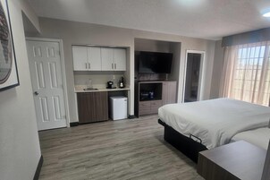 Un dormitorio con cama, televisor, kitchenette y puerta.