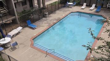 Seasonal outdoor pool, pool umbrellas, sun loungers