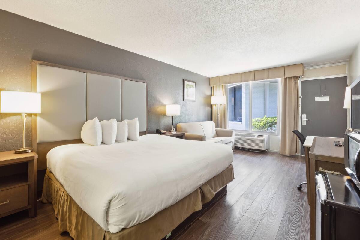 A hotel room with a large bed, bedside tables, a desk, and a television.