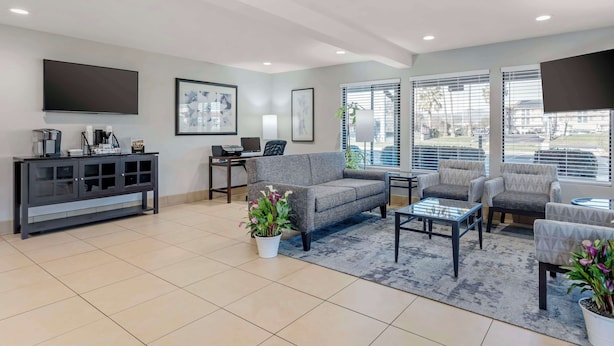 Un salon moderne avec un canapé gris, des fauteuils, une table basse et un téléviseur. On y trouve également des plantes en pot et un bureau avec un ordinateur.