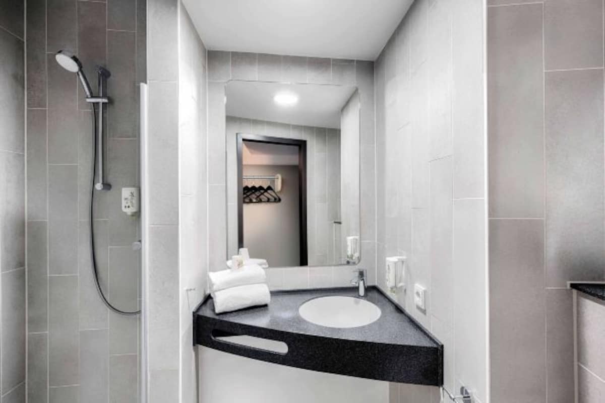 A modern bathroom with a shower, a sink, and a mirror.