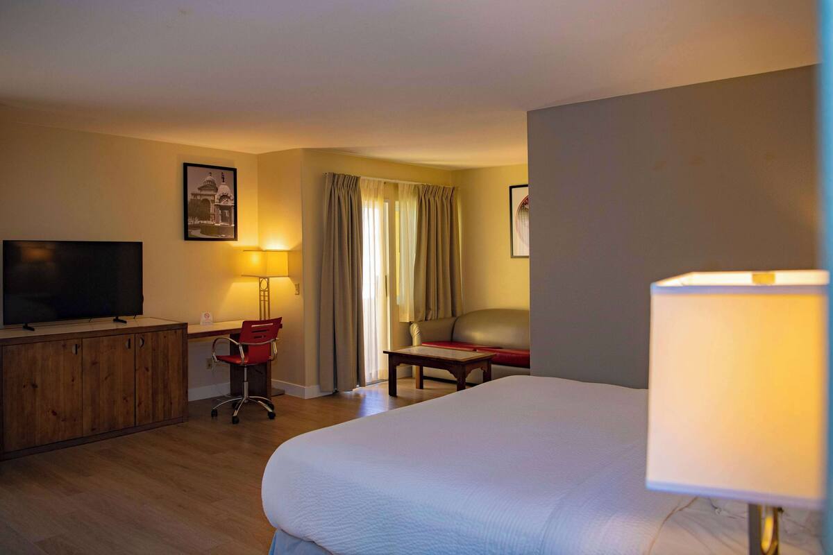 A hotel room with a bed, a desk with a television, a chair, a lamp, and a window with curtains.