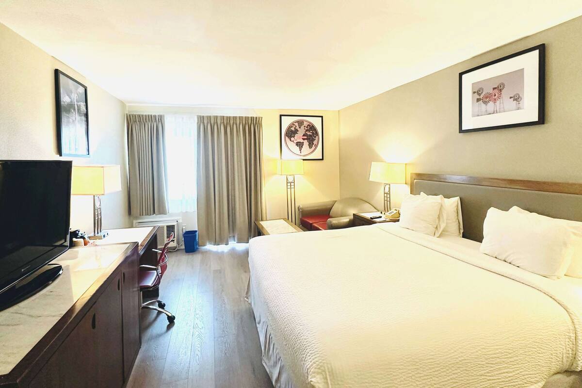 A hotel room with a bed, a desk with a television, a chair, a desk lamp, and a world map on the wall.