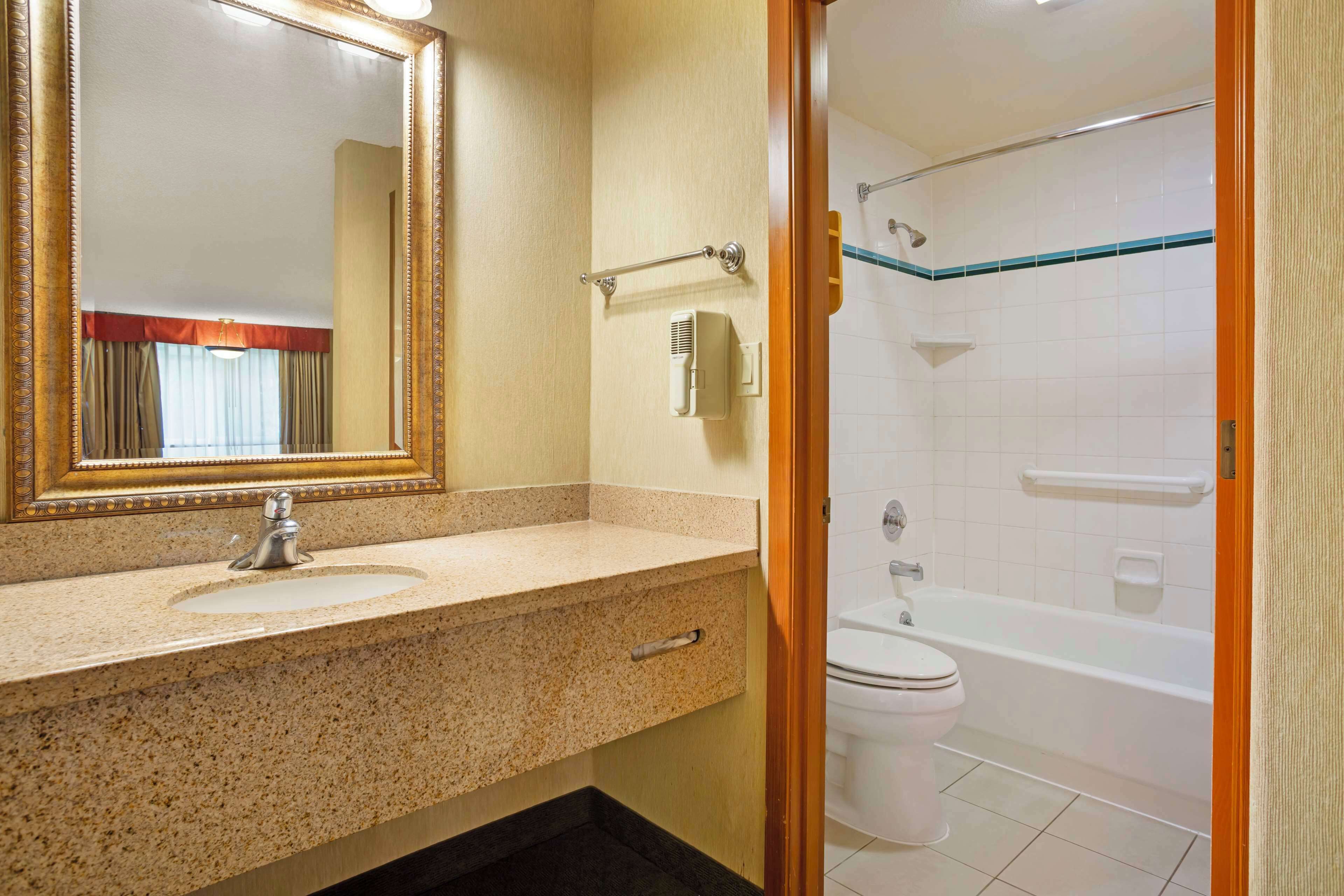 A bathroom with a sink, mirror, and toilet.