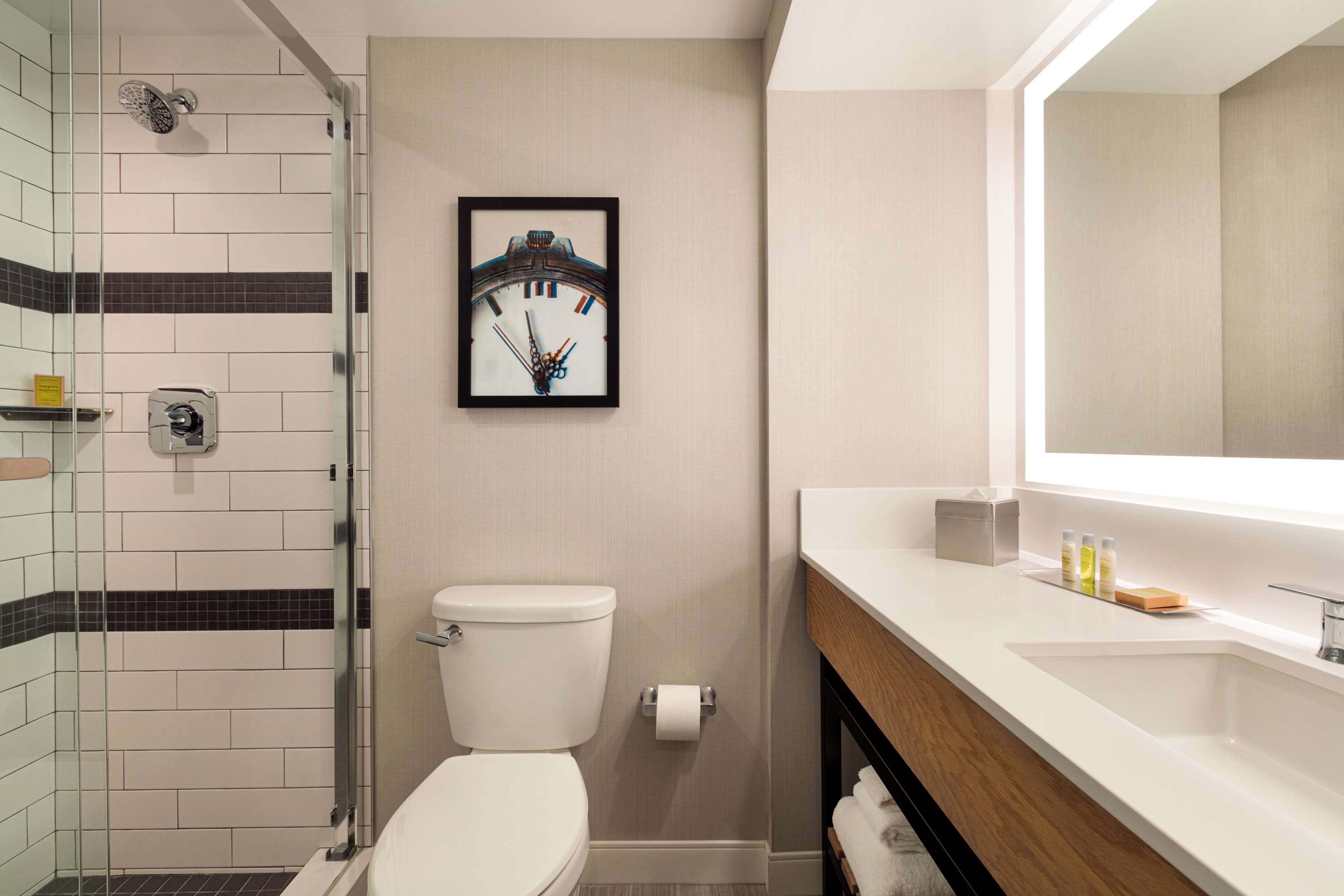 A modern bathroom with a glass-enclosed shower, a toilet, and a sink with a mirror above it.