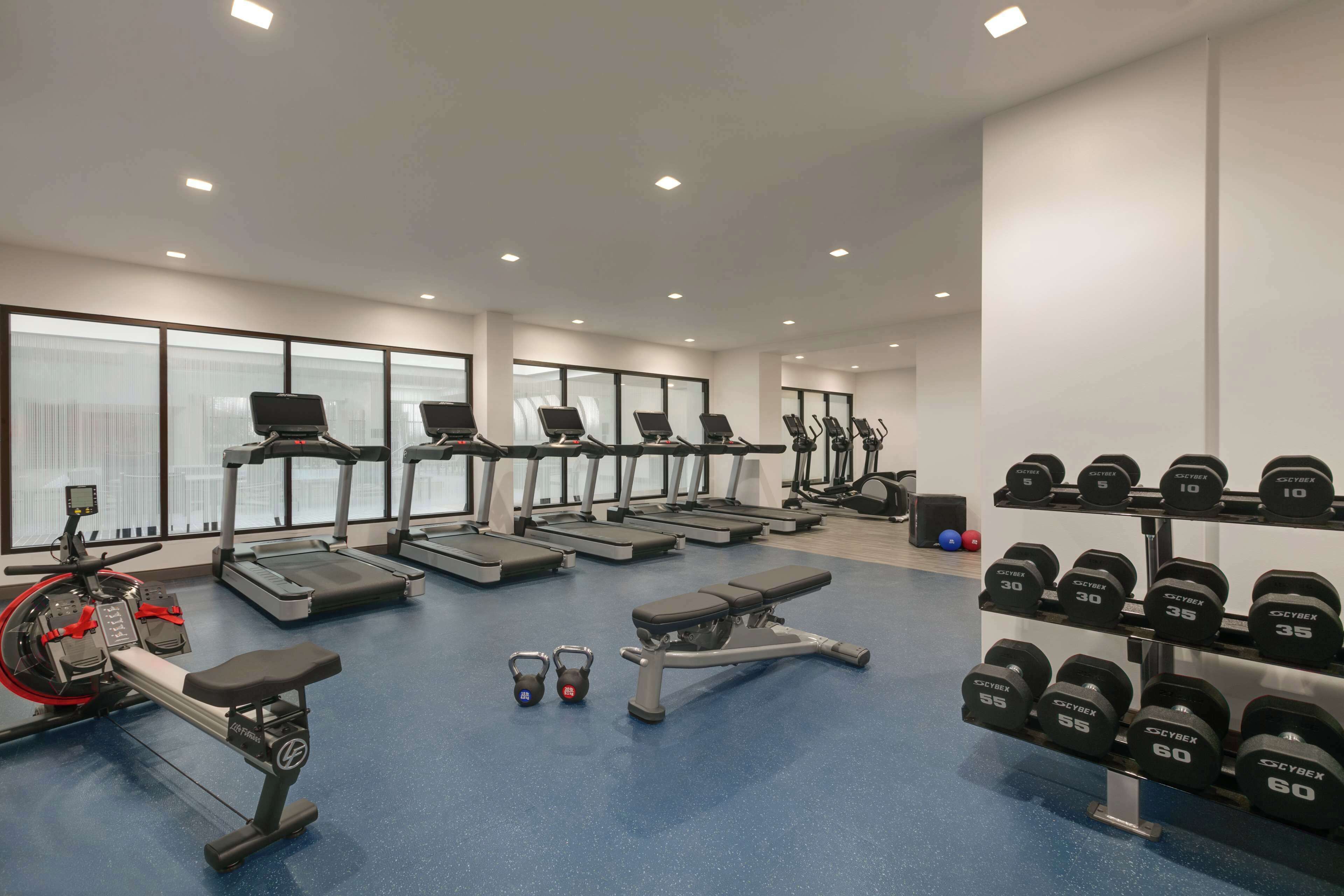 A gym with treadmills, elliptical machines, a rowing machine, and a bench press.