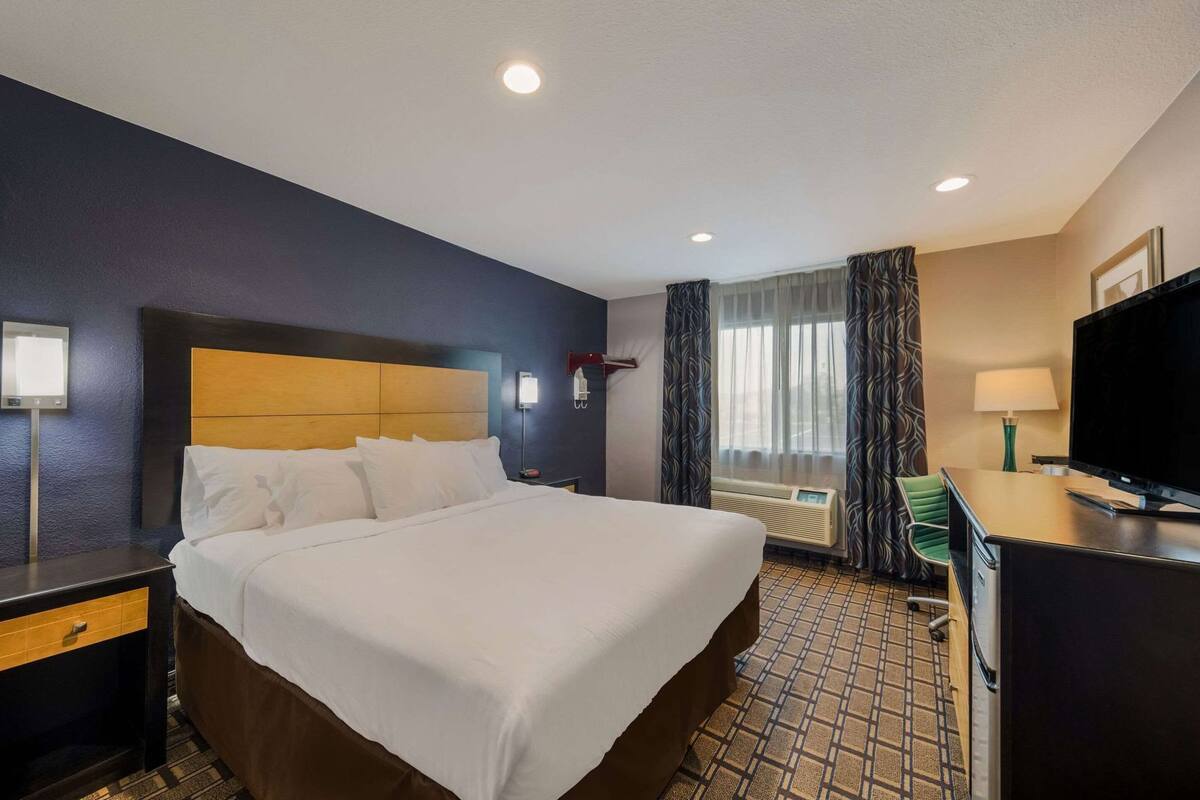 A hotel room with a bed, a desk, a TV, a lamp, and a window with curtains.